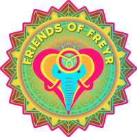 Friends of Freyr logo picturing a cartoonised elephant face with stylised mirrorer text forming the elephants ears and forehead.