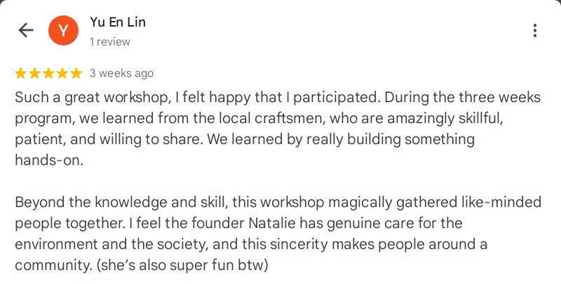 Airbnb review about Lin's experience at Bamboo Creative Bali 3 week workshop