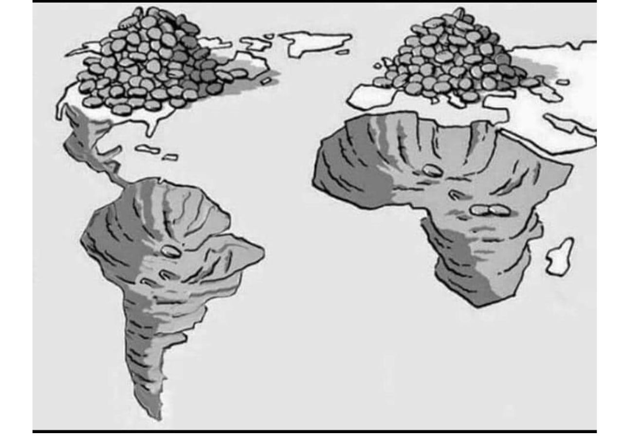 image in cartoon-style of the resources of the 'global south' having been dug out, and piled up in the 'global north' 