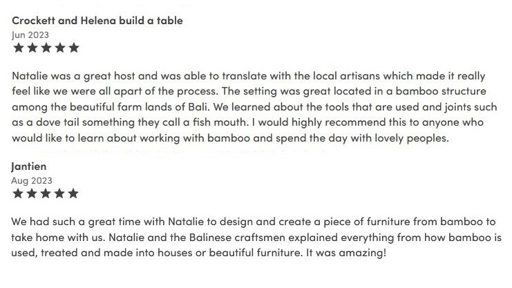 review of one day bamboo workshop from Airbnb Experiences in 2023 - Crocket and Helena who learned bamboo joinery building a bamboo table and Jantien who also built bamboo furniture.